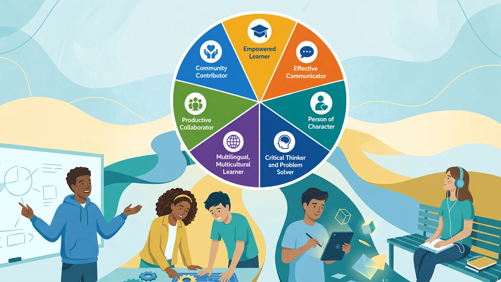Illustration of California's Portrait of a Learner wheel and its seven competencies, above students presenting, building and reading